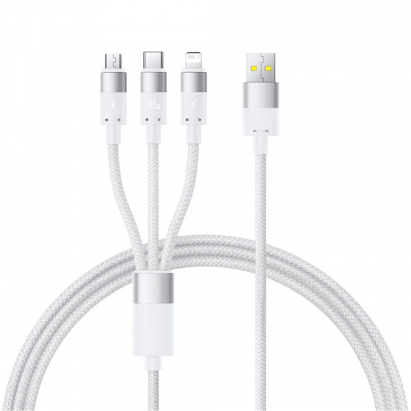 Cablu Incarcare USB-A - Lightning / microUSB / USB-C Baseus StarSpeed 3in1, 100W, 1.5m, Alb P10319900211-00
