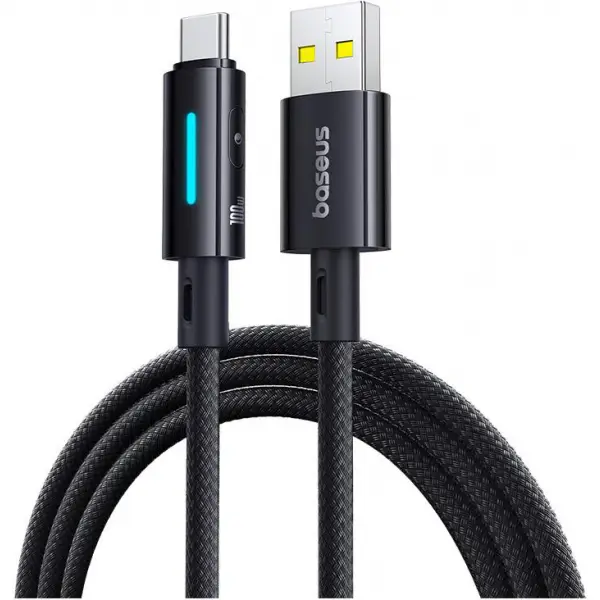 Cablu Date si Incarcare USB-A - USB-C Baseus Lit Button Control, 100W, 1m, Negru P10379002121-00