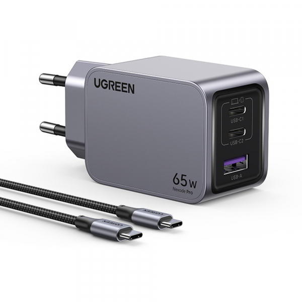 Incarcator Retea Cu Cablu USB-C UGREEN X755 Nexode Pro, 65W, 3A, 1 x USB-A - 2 x USB-C, Gri