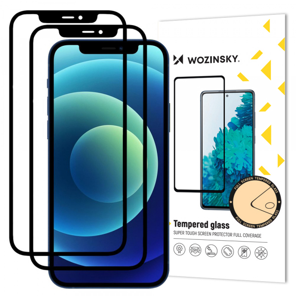 Folie de protectie Ecran WZK pentru Apple iPhone 12 / 12 Pro, Sticla Securizata, Full Glue, Set 2 bucati, Case Friendly, Neagra