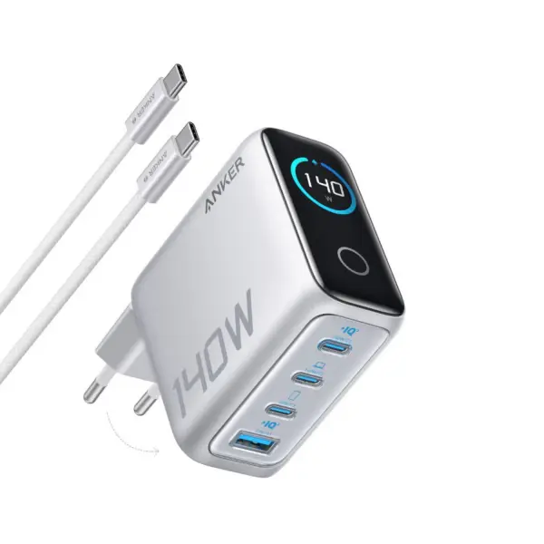 Incarcator Retea Cu Cablu USB-C Anker Zolo, 140W, 5A, 1 x USB-A - 3 x USB-C, Argintiu B2697G41