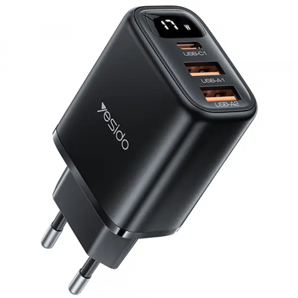 Incarcator Retea Yesido YC67 Display, 17W, 2.4A, 1 x USB-C - 2 x USB-A, Negru
