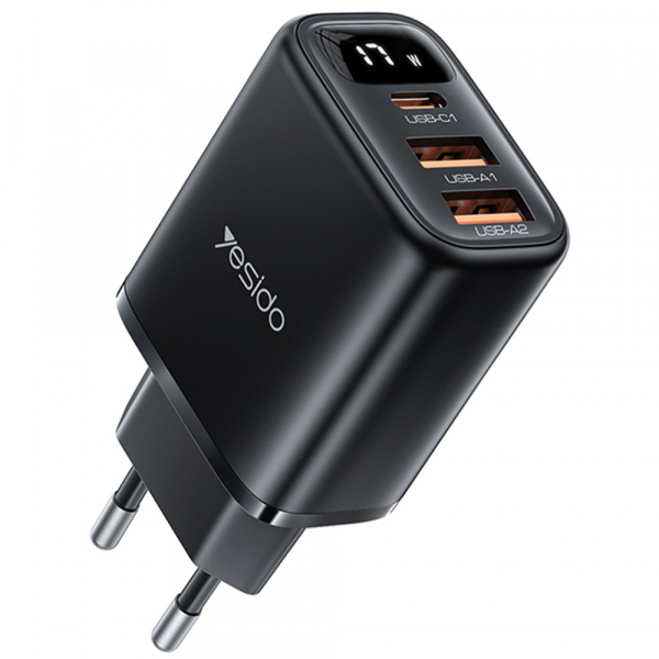 Incarcator Retea Yesido YC67 Display, 17W, 2.4A, 1 x USB-C - 2 x USB-A, Negru