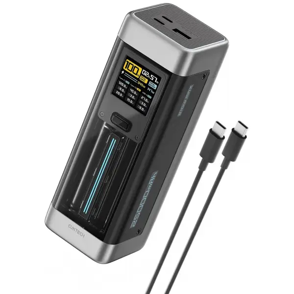 Baterie Externa Cuktech, 25000mAh, 210W, QC + PD, 1 x USB-A - 2 x USB-C, Neagra CUK00P23GLBK