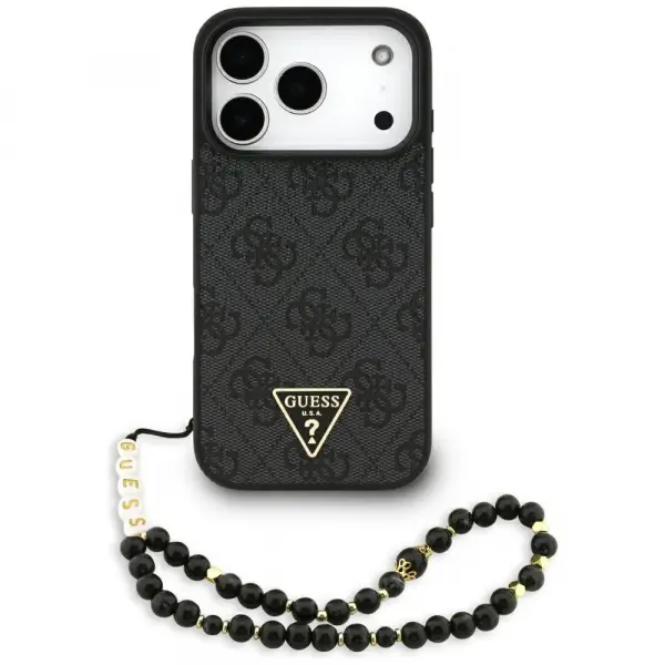 Husa MagSafe pentru Apple iPhone 17 Pro Max, Guess, 4G Triangle Logo with Cord Strap, Neagra