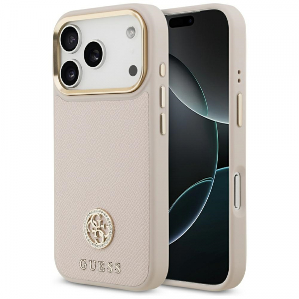 Husa MagSafe pentru Apple iPhone 17 Pro, Guess, Grained Strass Logo, Roz