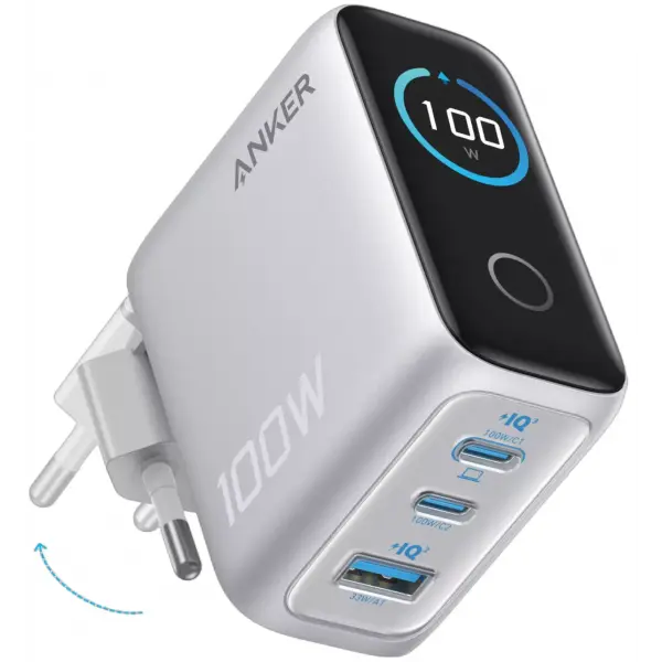 Incarcator Retea Cu Cablu USB-C Anker Smart Display, 100W, 5A, 1 x USB-A - 2 x USB-C, Argintiu B121BG41