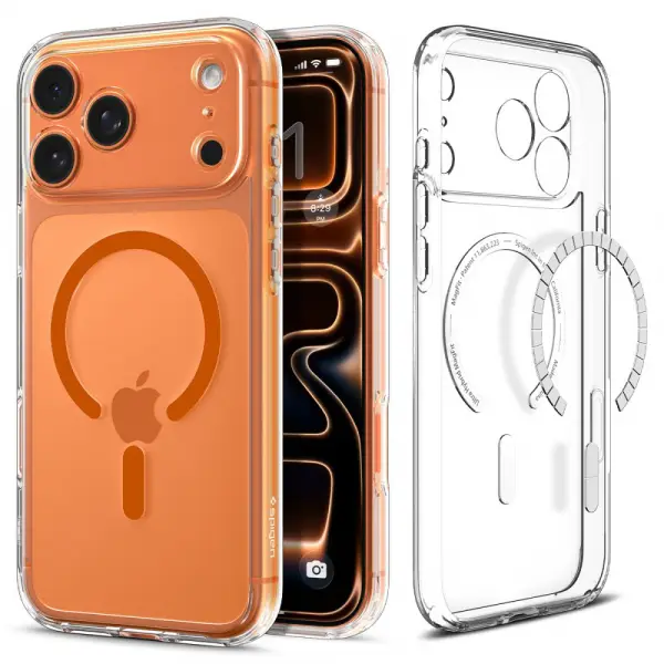 Husa MagSafe pentru Apple iPhone 17 Pro, Spigen, Ultra Hybrid, Transparenta Portocalie ACS11112