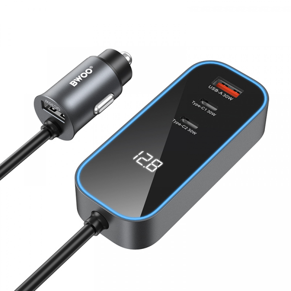 Incarcator Auto BWOO CC107 Display, 120W, 3A, 2 x USB-A - 2 x USB-C, Negru