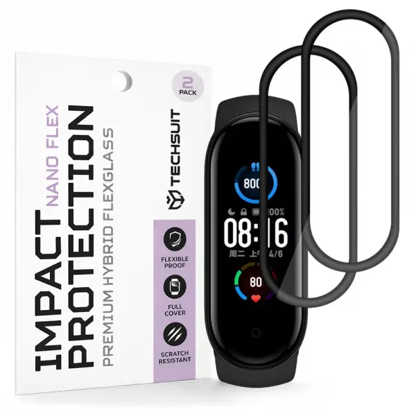 Folie Protectie Techsuit Nano Flex pentru Xiaomi Smart Band 6 / 5, Set 2 bucati, Plastic, Neagra