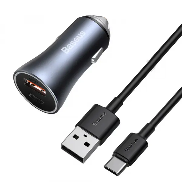 Incarcator Auto Cu Cablu USB-C Baseus Golden Contactor, 40W, 5A, 1 x USB-A - 1 x USB-C, Gri TZCCJD-0G