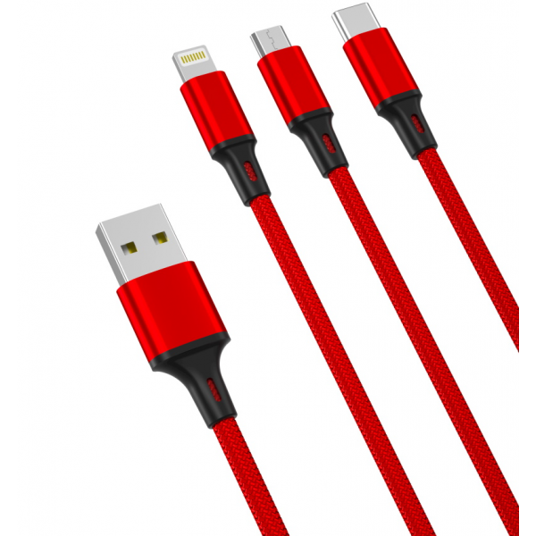 Cablu Incarcare USB-A - Lightning / microUSB / USB-C XO Design NB173 3in1, 18W, 1.2m, Rosu