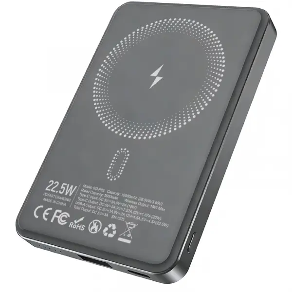 Baterie Externa Wireless BWOO BO-P82, 10000mAh, 22.5W, PD + FQI, 1 x QI - 1 x USB-C, Gri