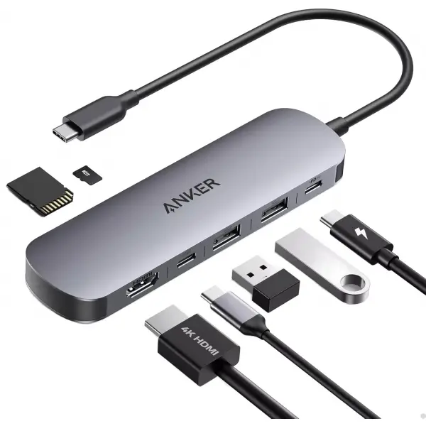 Hub USB-C Anker, 2 x USB-A 3.0 - 2 x USB-C - 1 x HDMI - 1 x SD - 1 x microSD, Gri A83D2HA1