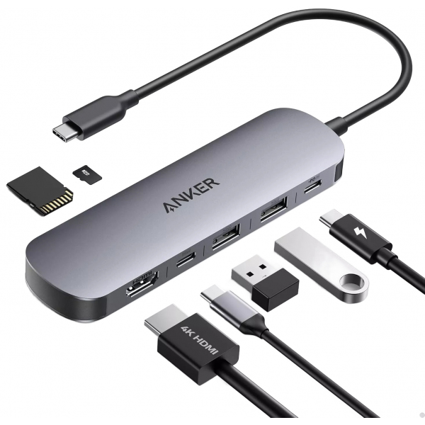 Hub USB-C Anker, 2 x USB-A 3.0 - 2 x USB-C - 1 x HDMI - 1 x SD - 1 x microSD, Gri A83D2HA1