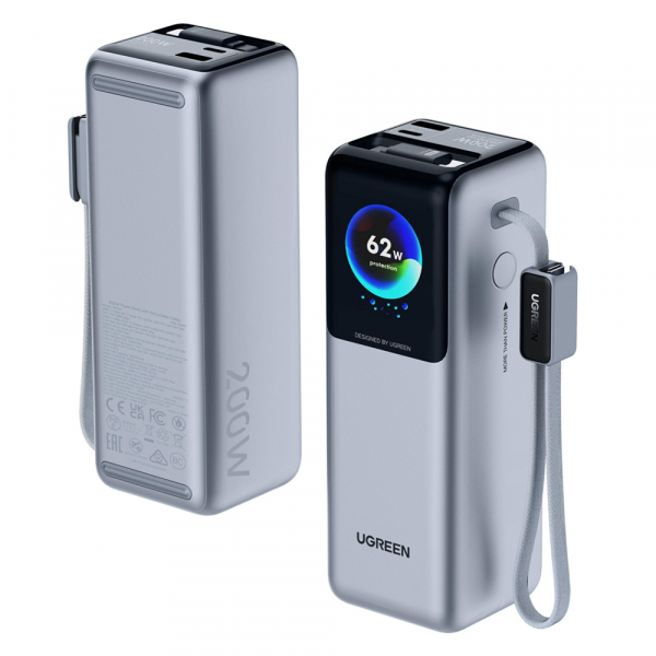 Baterie Externa UGREEN PB728 (75702B), 25000mAh, 200W, QC + PD, 1 x USB-A - 2 x USB-C, Gri
