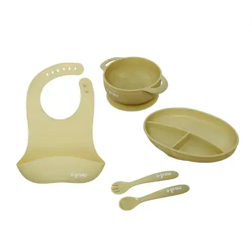Set 5 piese silicon U-Grow UG-SET2OV, baveta, bol, farfurie, lingurita si furculita