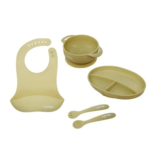 Set 5 piese silicon U-Grow UG-SET2OV, baveta, bol, farfurie, lingurita si furculita