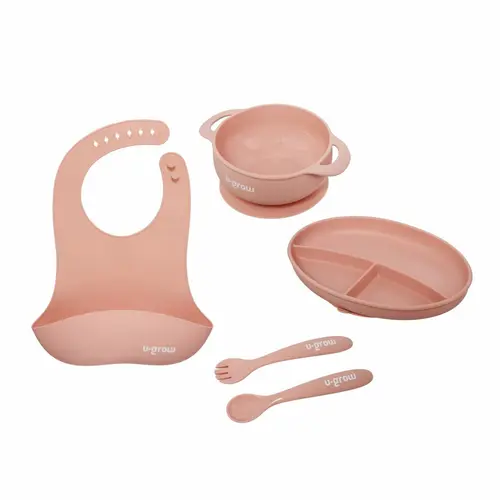 Set 5 piese silicon  U-Grow UG-SET2PK, baveta, bol, farfurie, lingurita si furculita