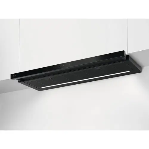 Hota telescopica incorporabila AEG GDP869PB, Panel frontal de sticla,Control electronic, Conectivitate plita; Functie Breeze, Perfect Illumination, Putere de absorbtie 650 mc/h, 90 cm (Negru)