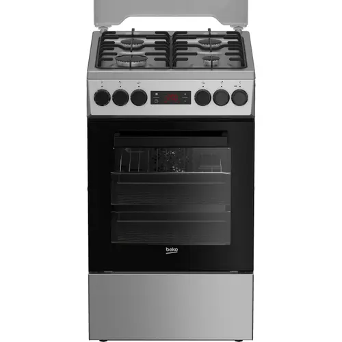 Aragaz Beko FSMT52320DXON, Mixt, Plita gaz, 4 arzatoare, Aprindere electrica, Siguranta, Cuptor multifuctional cu 8 functii de gatire, 3D cooking, Grill, Rotisor, Timer, Iluminare cuptor (Inox)