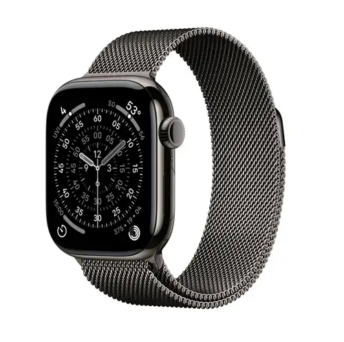 Smartwatch Apple Watch 11, GPS + Cellular, 42mm, Ecran Retina LTPO OLED, Chip S10 cu Procesor Dual-Core, 64GB Flash, Wi-Fi, Bluetooth, Carcasa Titan, Curea Milanese Loop (Gri)
