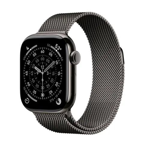 Smartwatch Apple Watch 11, GPS + Cellular, 42mm, Ecran Retina LTPO OLED, Chip S10 cu Procesor Dual-Core, 64GB Flash, Wi-Fi, Bluetooth, Carcasa Titan, Curea Milanese Loop (Gri)