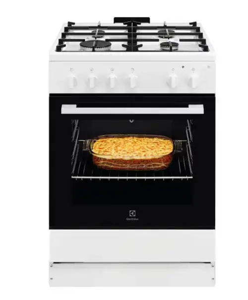 Aragaz Electrolux LKG604014W, GAz, 4 arzatoare, Clasa A, Gratare fonta, Siguranta plita+cuptor, Autocuratare catalitica, Grill electric, Rotisor, Iluminare cuptor, Volum 59 l (Alb)