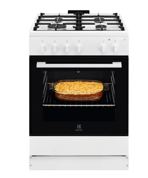 Aragaz Electrolux LKG604014W, GAz, 4 arzatoare, Clasa A, Gratare fonta, Siguranta plita+cuptor, Autocuratare catalitica, Grill electric, Rotisor, Iluminare cuptor, Volum 59 l (Alb)