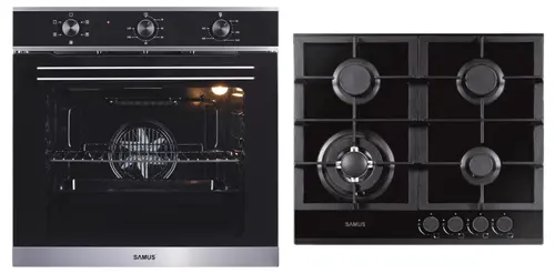 Pachet Samus ONL20 Cuptor incorporabil Samus SC623GX5, Electric, 75 L, 5 functii + Plita incorporabila Samus PSG-64SG1, Gaz, 4 arzatoare, Arzător WOK, Aprindere electrica (Negru)