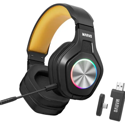 Casti Gaming Marvo HG9084W Pulz 80W, Wireless 2.4 Ghz, Bluetooth, iluminare RGB (Negru)