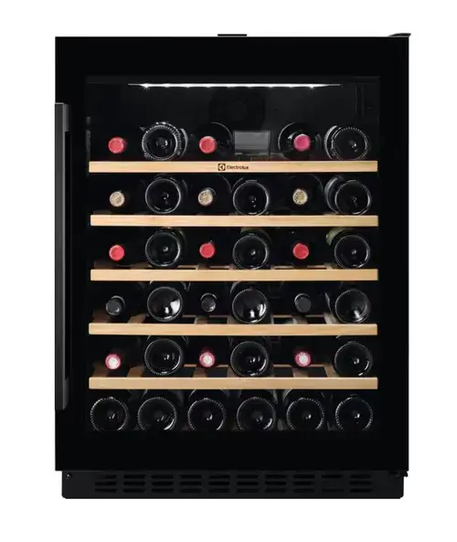 Racitor de vinuri incorporabil Electrolux Seria 500 EWS4052B5B, 145 litri, 52 sticle, Rafturi lemn, Control electronic, Nivel de zgomot 42 db, Usa reversibila, H 82 cm, Clasa G (Negru)