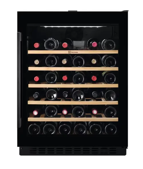 Racitor de vinuri incorporabil Electrolux Seria 500 EWS4052B5B, 145 litri, 52 sticle, Rafturi lemn, Control electronic, Nivel de zgomot 42 db, Usa reversibila, H 82 cm, Clasa G (Negru)