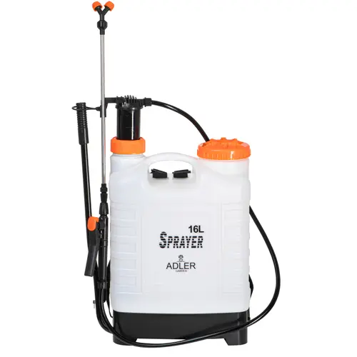 Pulverizator manual sub presiune tip rucsac Adler AD6810, rezervor 16 l, 3 duze de aspersoare, 3 garnituri de rezerva, 2-3 Bar, Lance telescopica reglabila 48-83 cm (Alb/Portocaliu)