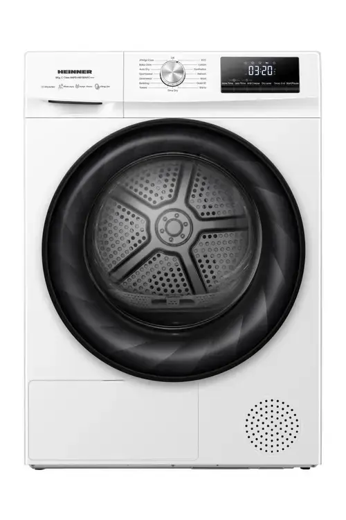 Uscator de rufe HEINNER HHPD-HMY80IVFC+, Pompa de caldura, 8 kg, Clasa C, Motor Inverter, 15 programe, Senzor umiditate, Start intarziat (Alb)
