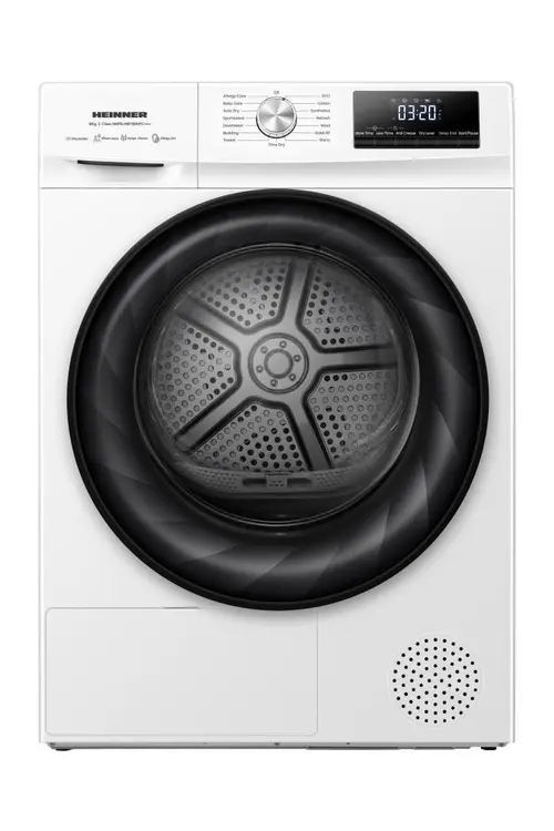 Uscator de rufe HEINNER HHPD-HMY80IVFC+, Pompa de caldura, 8 kg, Clasa C, Motor Inverter, 15 programe, Senzor umiditate, Start intarziat (Alb)