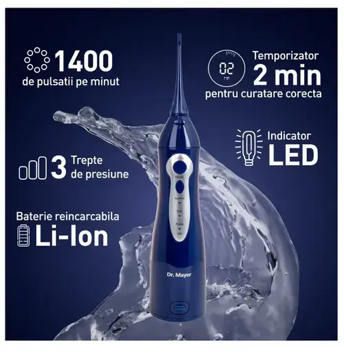 Dus bucal portabil Dr.Mayer WT3100, Tehnologie Multi Pulse, presiune de la 40 la 90 PSI, 3 moduri de curatare (normal, sensibil si pulsat), Rezervor 150 ml, 2 capete curatare, WT3100BU (Albastru)