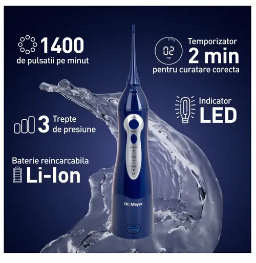 Dus bucal portabil Dr.Mayer WT3100, Tehnologie Multi Pulse, presiune de la 40 la 90 PSI, 3 moduri de curatare (normal, sensibil si pulsat), Rezervor 150 ml, 2 capete curatare, WT3100BU (Albastru)