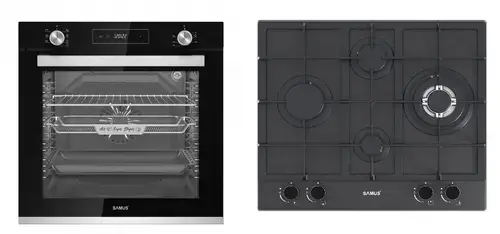 Pachet Samus ONL48 Cuptor incorporabil Samus SCE827GCF, 80 l, 2500 W, 7 Functii, Clasa energetica A, Timer digital, Grill electric, Ventilator, Curatare catalitica (Negru) + Plita incorporabila SAMUS PSG-64SMGN2, Gaz, 4 arzatoare, 58 cm (Negru)