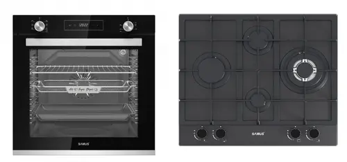 Pachet Samus ONL48 Cuptor incorporabil Samus SCE827GCF, 80 l, 2500 W, 7 Functii, Clasa energetica A, Timer digital, Grill electric, Ventilator, Curatare catalitica (Negru) + Plita incorporabila SAMUS PSG-64SMGN2, Gaz, 4 arzatoare, 58 cm (Negru)