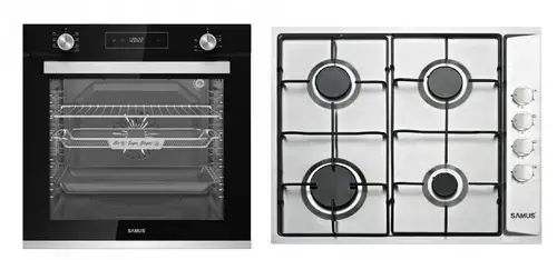 Pachet Samus ONL49 Cuptor incorporabil Samus SCE827GCF, 80 l, 2500 W, 7 Functii, Clasa energetica A, Timer digital, Grill electric, Ventilator, Curatare catalitica (Negru) + Plita incorporabila Samus PSG-64SX, 4 Arzatoare, Gaz (Argintiu)