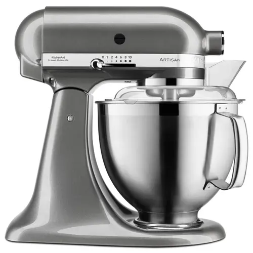 Mixer profesional KitchenAid Artisan Elegance 5KSM185PSEMS, 4.8 l/ 3 l, 300 W, Carlig aluat, Batator 6 fire (Argintiu)
