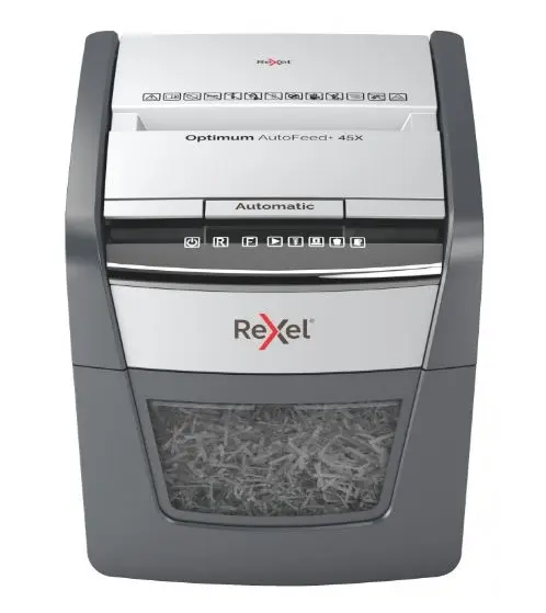 Distrugator automat documente Rexel OPTIMUM 45X 2020045XEU, 45 coli, P4, cos 20L (Negru/gri)