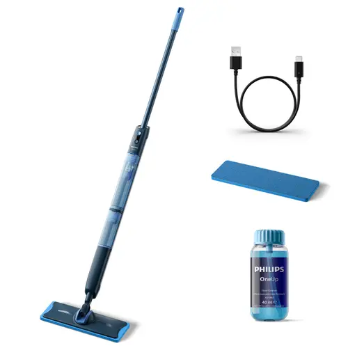 Mop electric Philips 5000 OneUp XV5113/01, Rezervoare apa curata/uzata de 0.281 l/0.178 l, Autonomie 70 minute (Albastru)