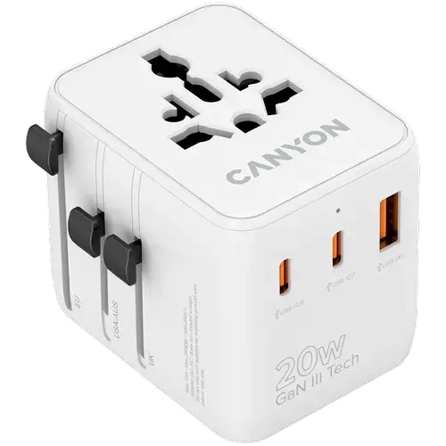 Incarcator retea de calatorie CANYON OnTour 20 CNS-TA20W1005W, 20 W, 1x USB-A, 2x USB Type-C (Alb)