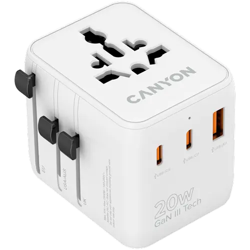 Incarcator retea de calatorie CANYON OnTour 20 CNS-TA20W1005W, 20 W, 1x USB-A, 2x USB Type-C (Alb)