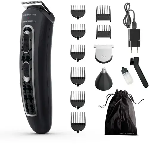 Aparat de tuns multifunctional Rowenta x Karl Lagerfeld Trim & Style 12 in 1 TN911LF0, Tehnologia Wet & Dry, Autonomie pana la 120 minute, Accesoriu pentru nas si urechi, Rezistent la apa (Negru/Rosu)
