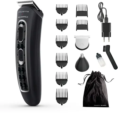 Aparat de tuns multifunctional Rowenta x Karl Lagerfeld Trim & Style 12 in 1 TN911LF0, Tehnologia Wet & Dry, Autonomie pana la 120 minute, Accesoriu pentru nas si urechi, Rezistent la apa (Negru/Rosu)