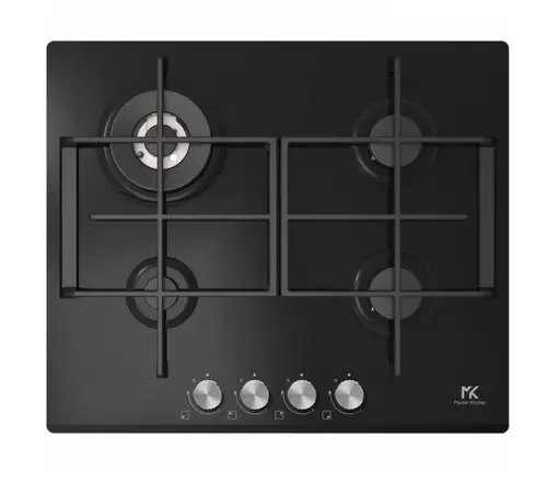 Plita incorporabila Master Kitchen MKHG 6031ED-TCBK, Gaz, 4 arzatoare, Gratare fonta, Arzator wok, Aprindere electrica integrata, Siguranta arzatoare, 60 cm, Sticla (Negru)