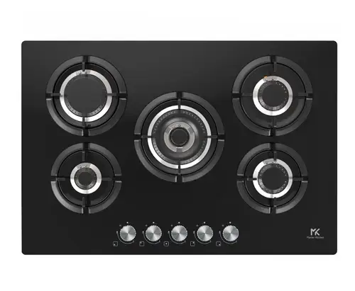 Plita incorporabila Master Kitchen MKHG 7541EDS-FTCBK, Gaz, 5 arzatoare, Gratare fonta, Arzator coroana tripla, Aprindere electica integrata, Sistem siguranta, 75 cm, Sticla (Negru)